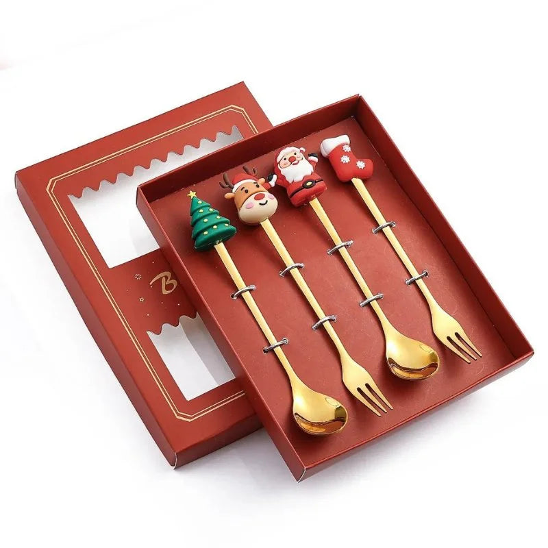 Conjunto de Talheres Inox Decorativos para Mesa Natal 4 Peças Lenogue