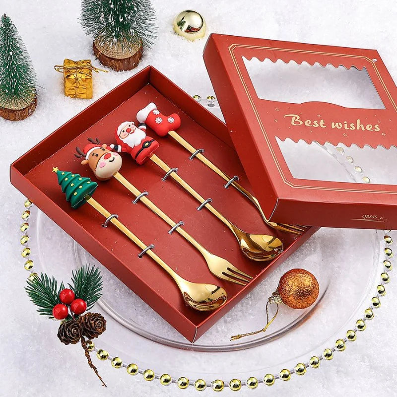 Conjunto de Talheres Inox Decorativos para Mesa Natal 4 Peças Lenogue
