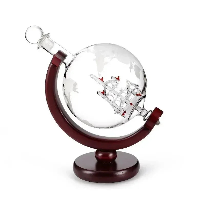 Conjunto Decanter Globo de Vidro com Suporte Madeira e 2 Copos Lenogue