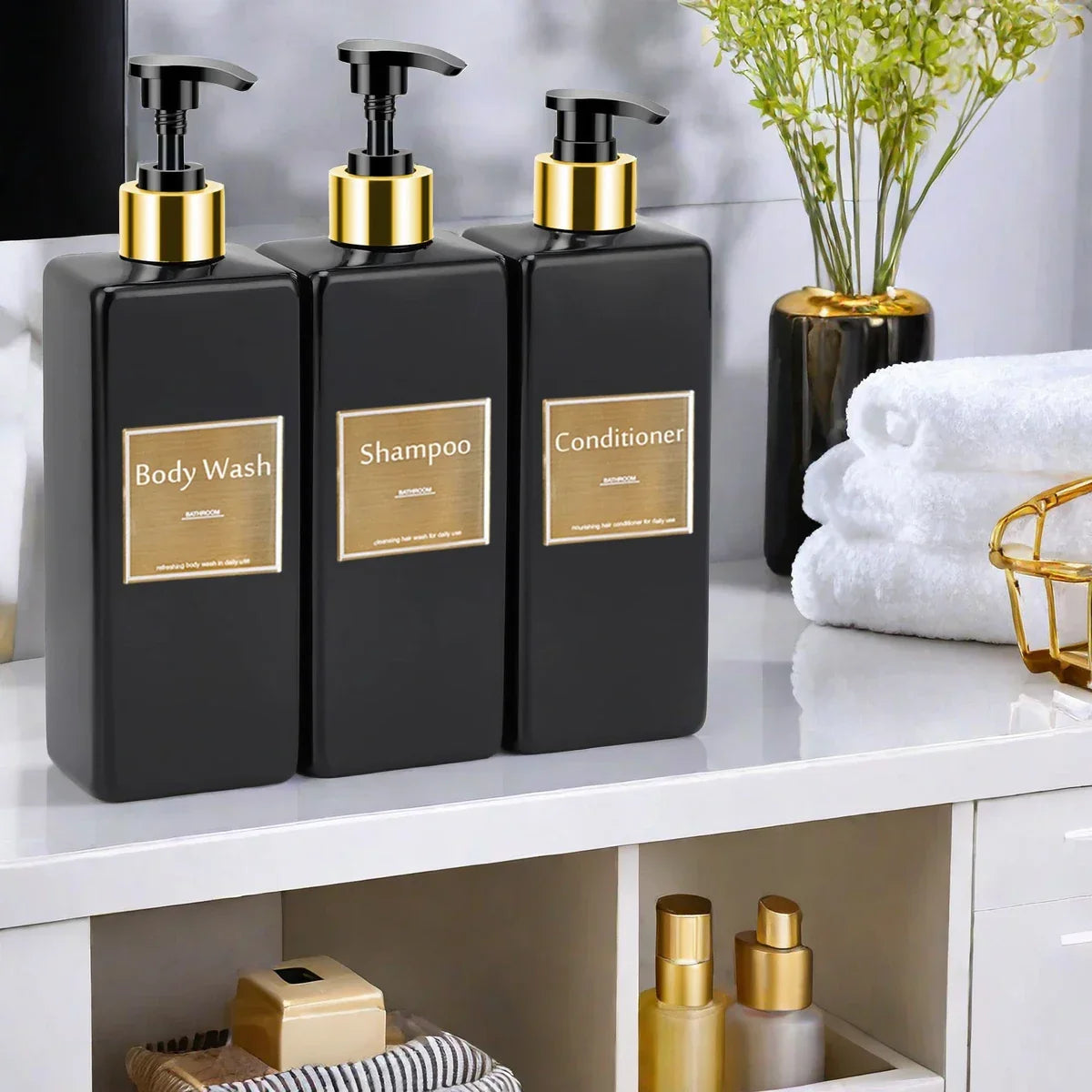 Conjunto Dispenser Refilável para Sabonete e Shampoo Lenogue Preto