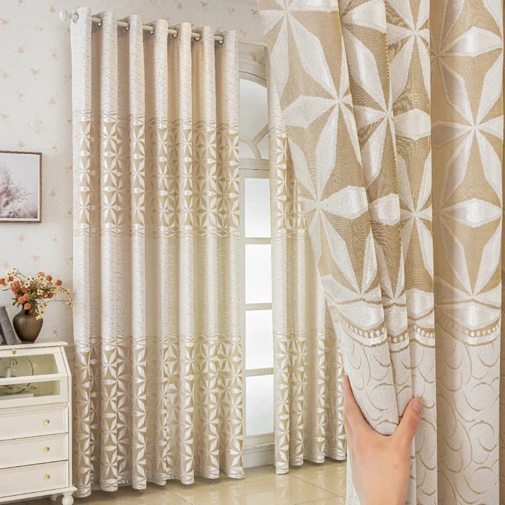 Cortina Blackout de Veludo Bordado Geométrico Bege Lenogue