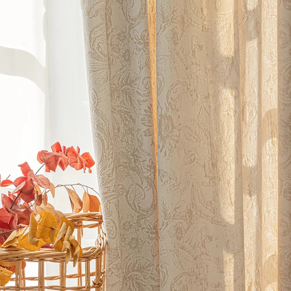 Cortina Blackout Jacquard Chenille com Redução de Ruído Bege Lenogue