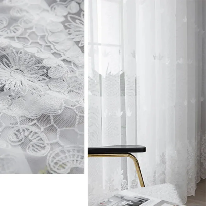 Cortina de Tule Branco com Bordado Floral para Sala e Quarto Lenogue