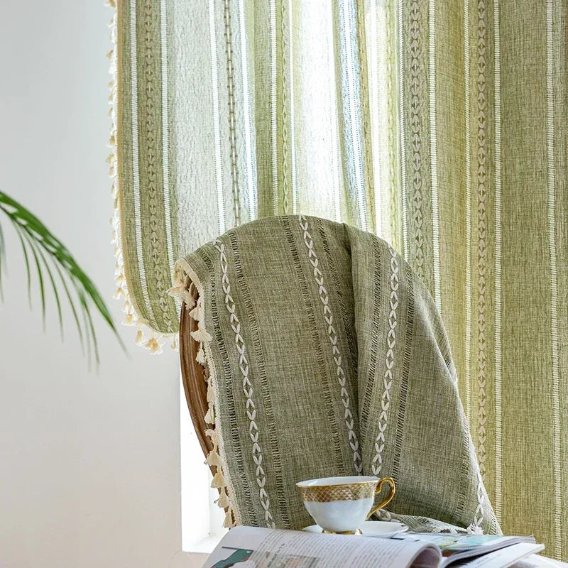 Cortina Verde Sage com Textura e Tassel para Quarto Sala Lenogue