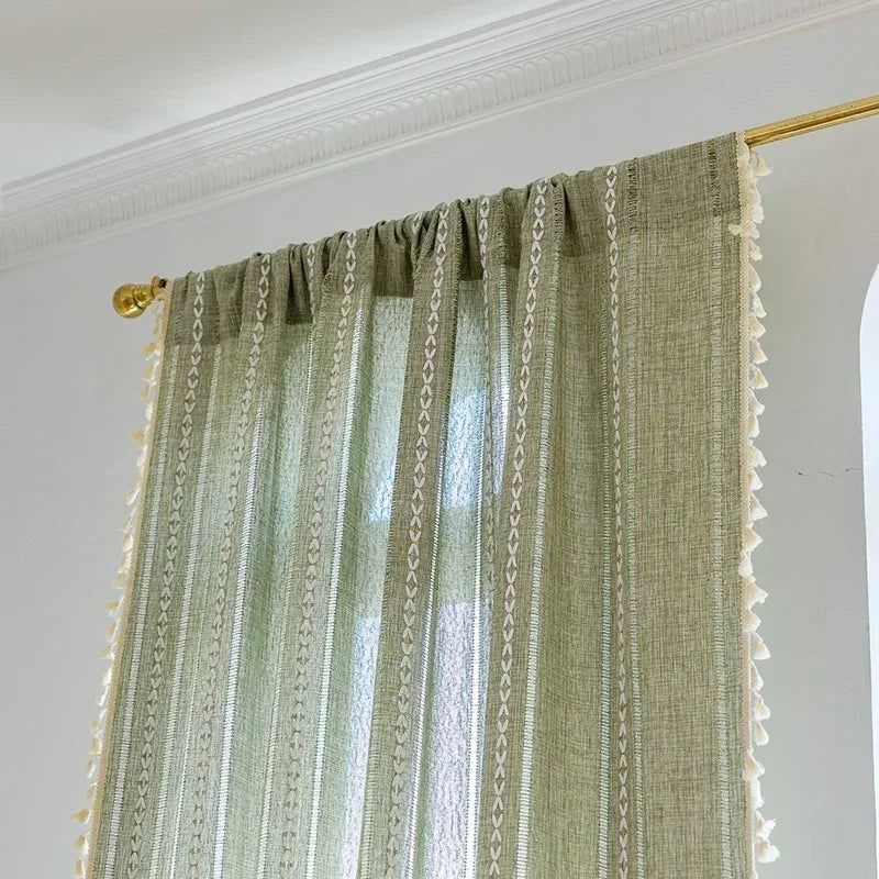 Cortina Verde Sage com Textura e Tassel para Quarto Sala Lenogue