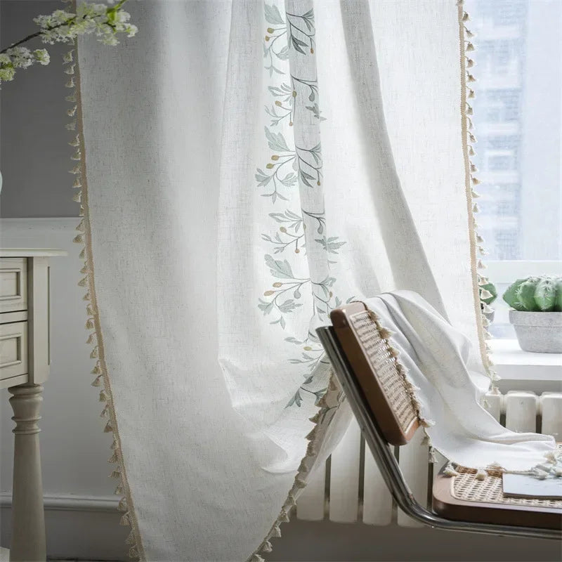 Cortina Verde Sage com Textura e Tassel para Quarto Sala Lenogue Branco / 140 x 120 Cm