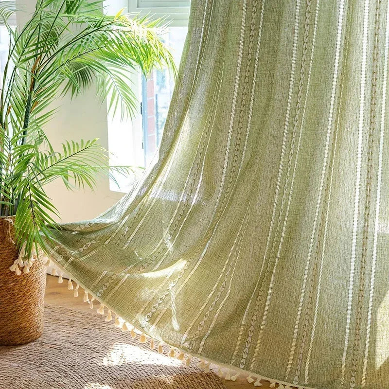 Cortina Verde Sage com Textura e Tassel para Quarto Sala Lenogue