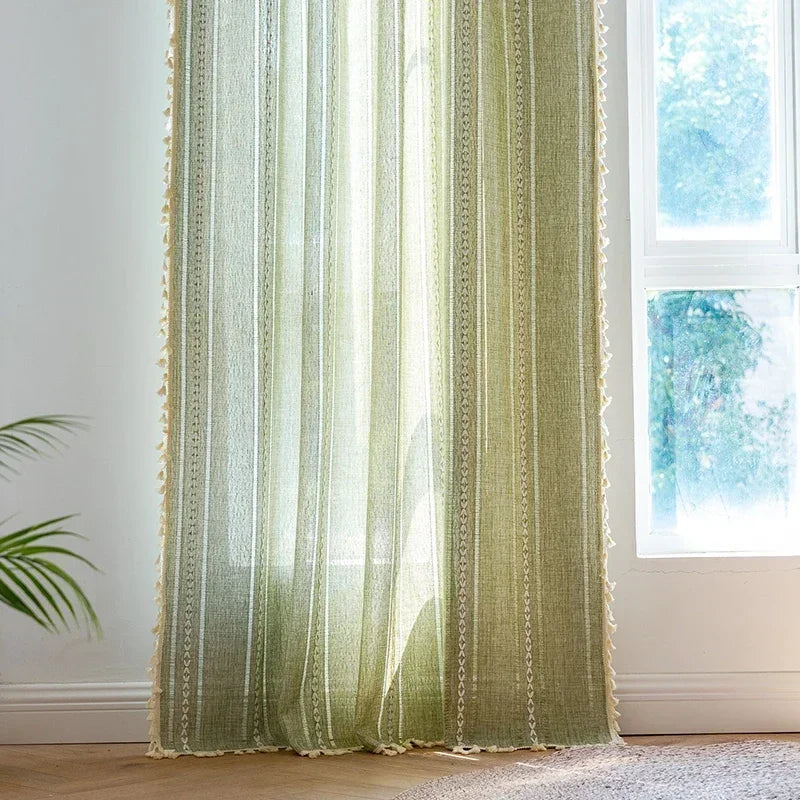 Cortina Verde Sage com Textura e Tassel para Quarto Sala Lenogue / 140 x 120 Cm