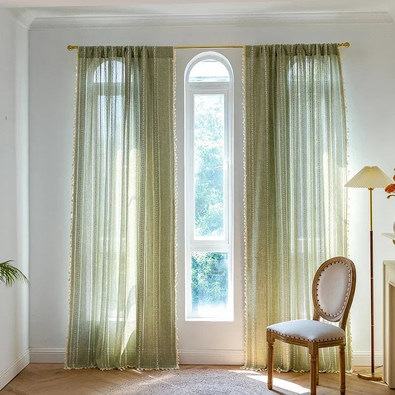 Cortina Verde Sage com Textura e Tassel para Quarto Sala Lenogue