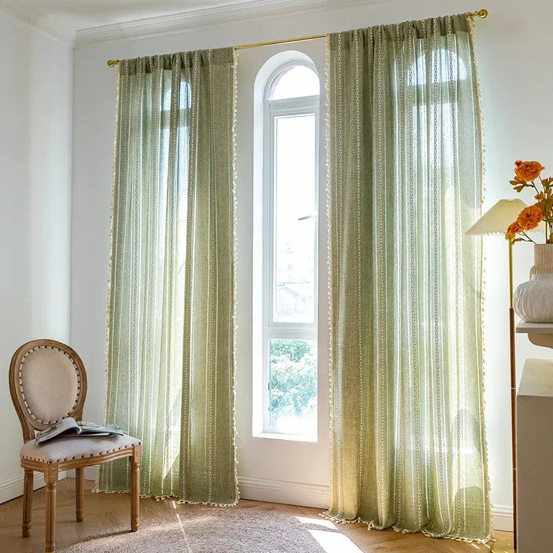 Cortina Verde Sage com Textura e Tassel para Quarto Sala Lenogue