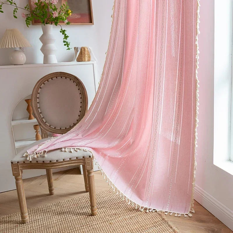 Cortina Verde Sage com Textura e Tassel para Quarto Sala Lenogue Rosa / 140 x 120 Cm