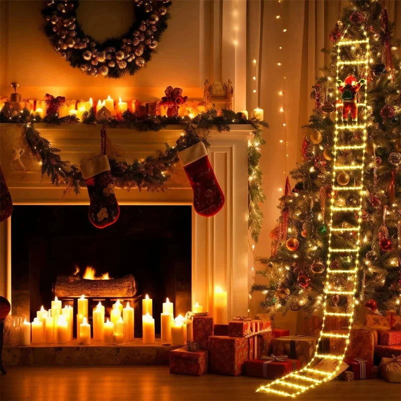 Decoração Natalina Papai Noel com Escada Iluminada de 3m Lenogue Luz Amarela