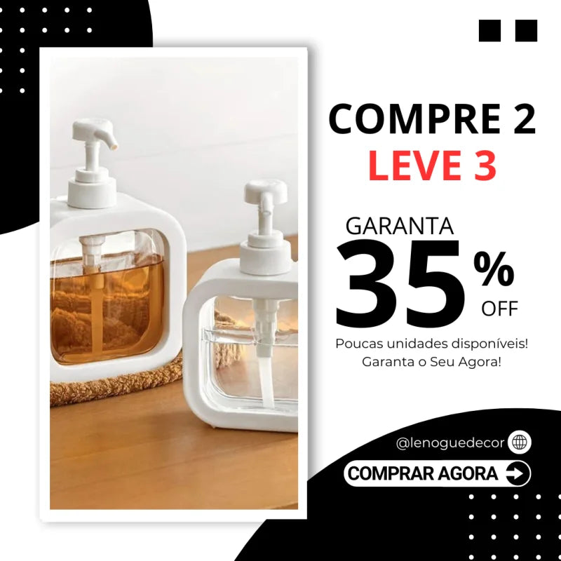 Dispenser de Sabonete Líquido Abs para Banheiro e Cozinha Lenogue Branco (500 Ml) / Compre 2 Leve 3