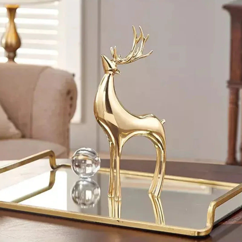 Escultura de Cervo Dourado com Bola Cristal para Sala e Escritório Lenogue