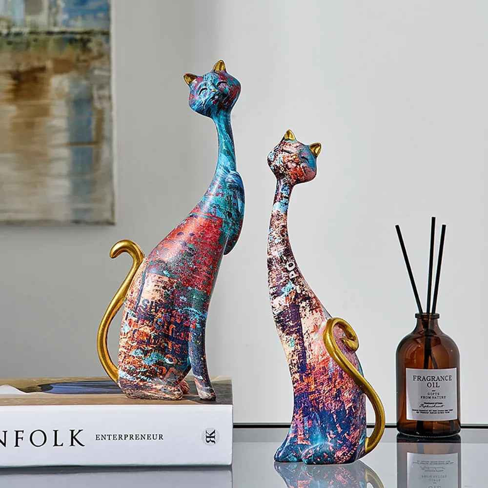 Escultura de Gato Estilo Europeu em Resina para Decoração Lenogue Gatos (2 Peças)