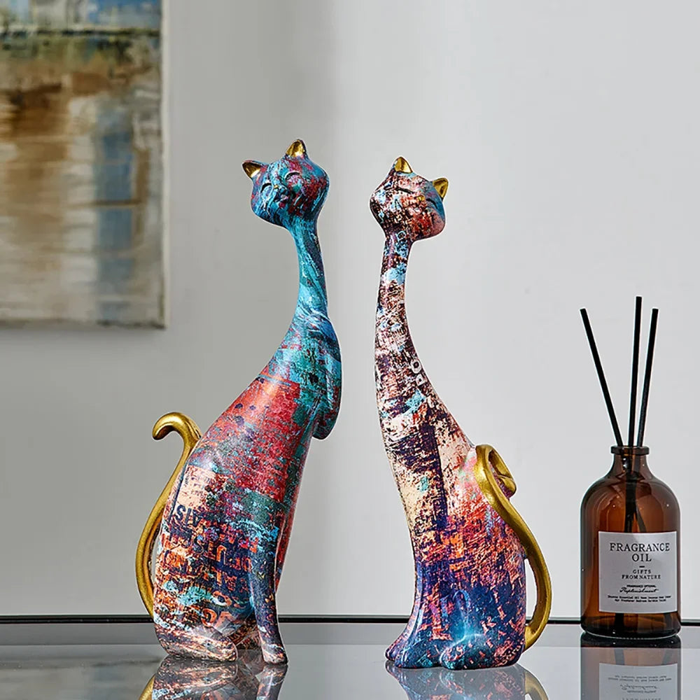 Escultura de Gato Estilo Europeu em Resina para Decoração Lenogue Gatos (2 Peças)