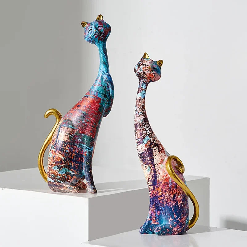 Escultura de Gato Estilo Europeu em Resina para Decoração Lenogue Gatos (2 Peças)