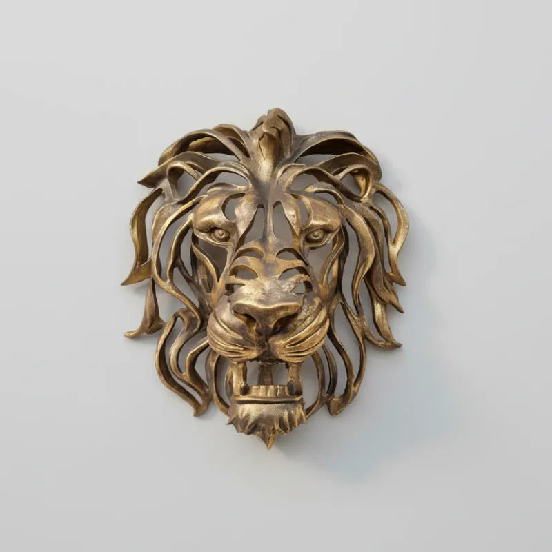 Escultura de Parede Cabeça Leão Dourada em Alto Relevo Lenogue Dourado