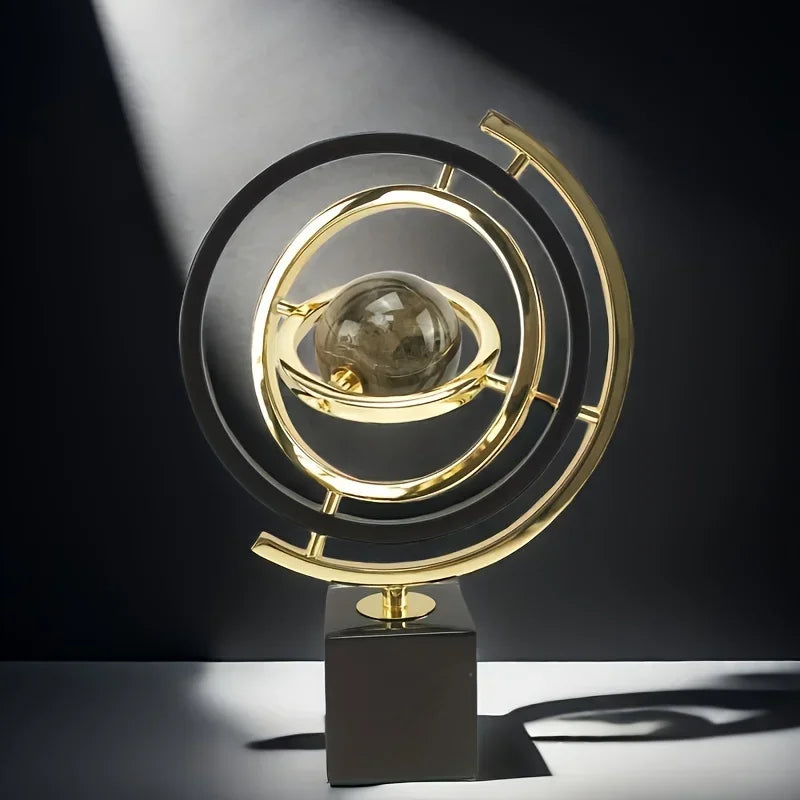 Escultura Globo Abstrato em Metal para Sala e Escritório Lenogue Dourado Preto