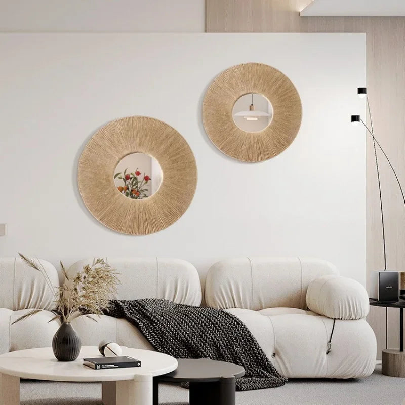 Espelho Redondo com Corda de Juta Estilo Boho para Parede Lenogue Bege - 2 Peças