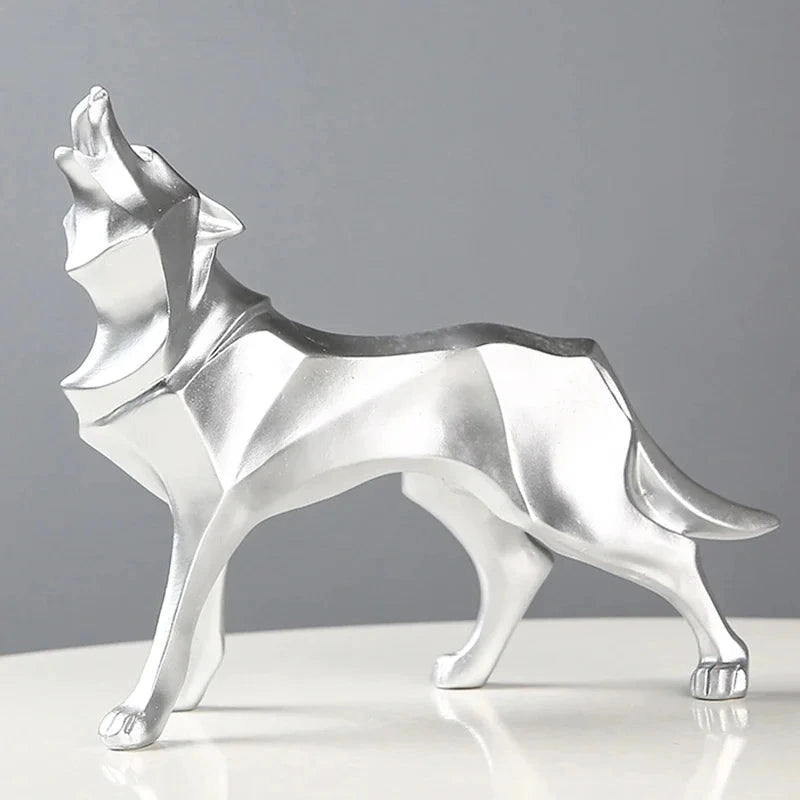 Estátua de Lobo Geométrico em Resina Estilo Nórdico Lenogue Prata