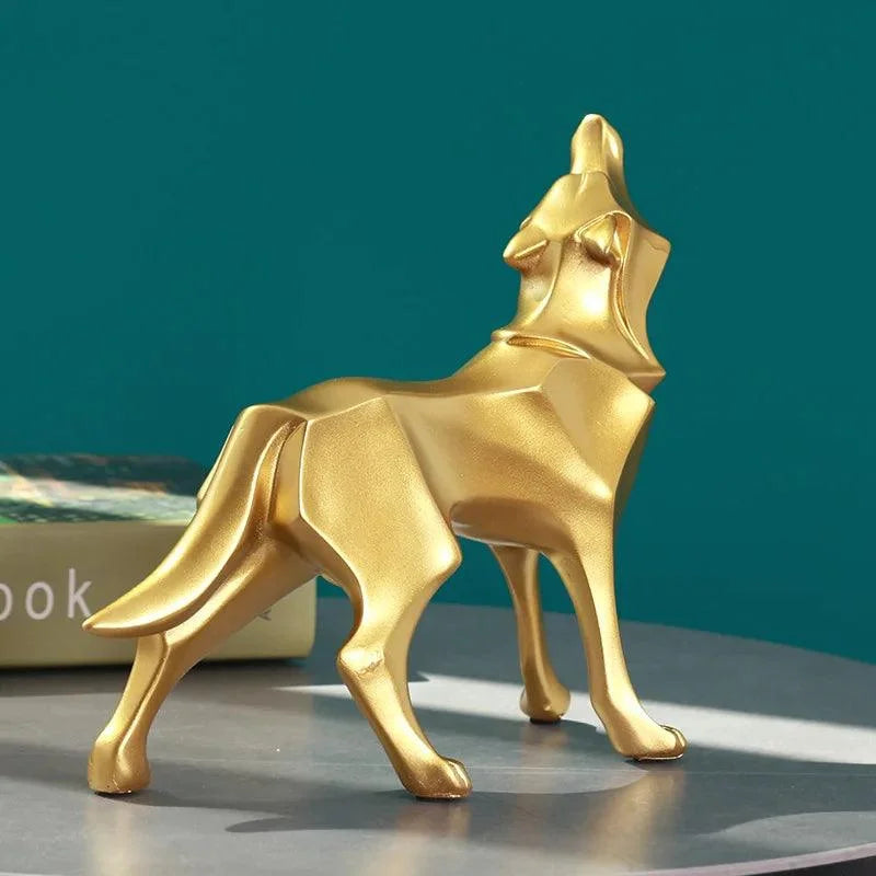 Estátua de Lobo Geométrico em Resina Estilo Nórdico Lenogue Dourado
