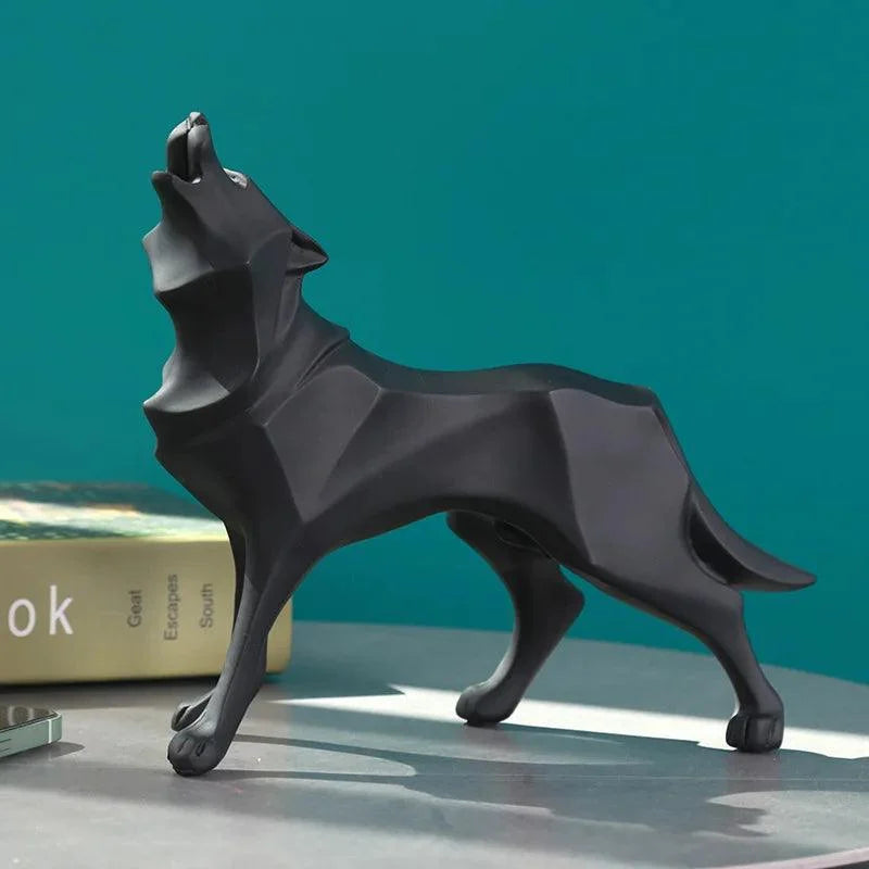 Estátua de Lobo Geométrico em Resina Estilo Nórdico Lenogue Preto