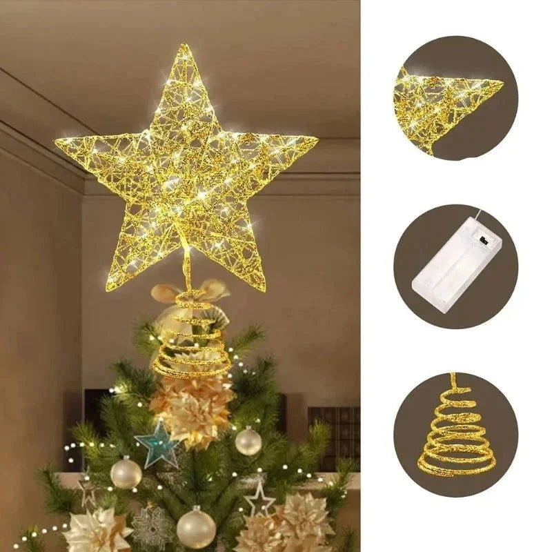 Estrela Led Ferro para Topo de árvore Natal Fio Cobre Lenogue Dourado