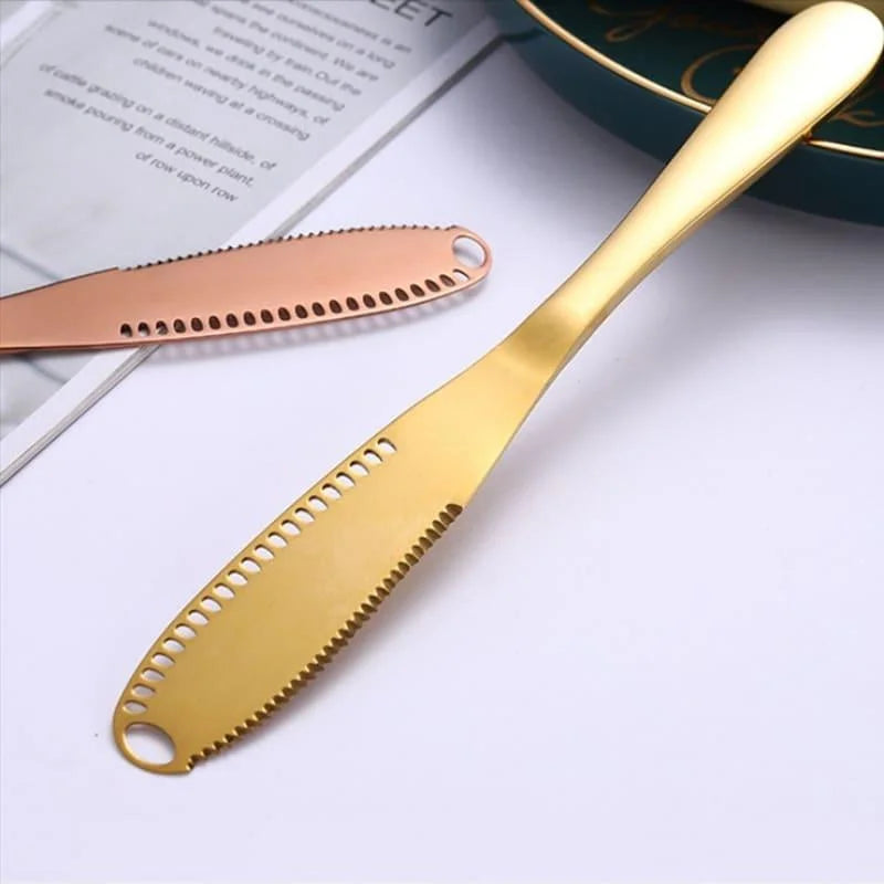 Faca Espátula de Manteiga e Geleia Serrilhada em Aço Inox Lenogue Dourada