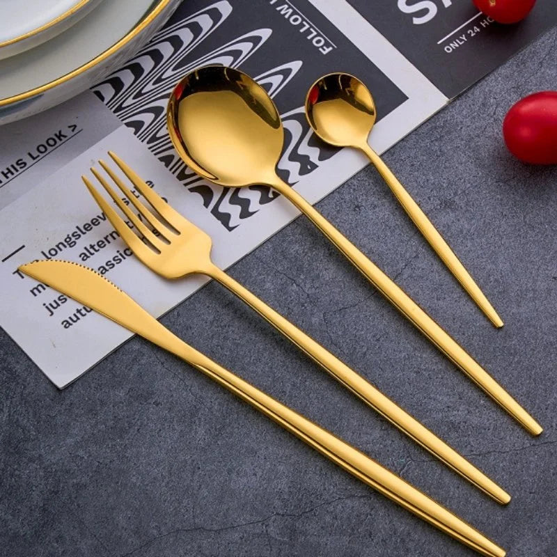 Faqueiro Luxuoso 24 Peças em Aço Inoxidável para Jantar Lenogue Dourado