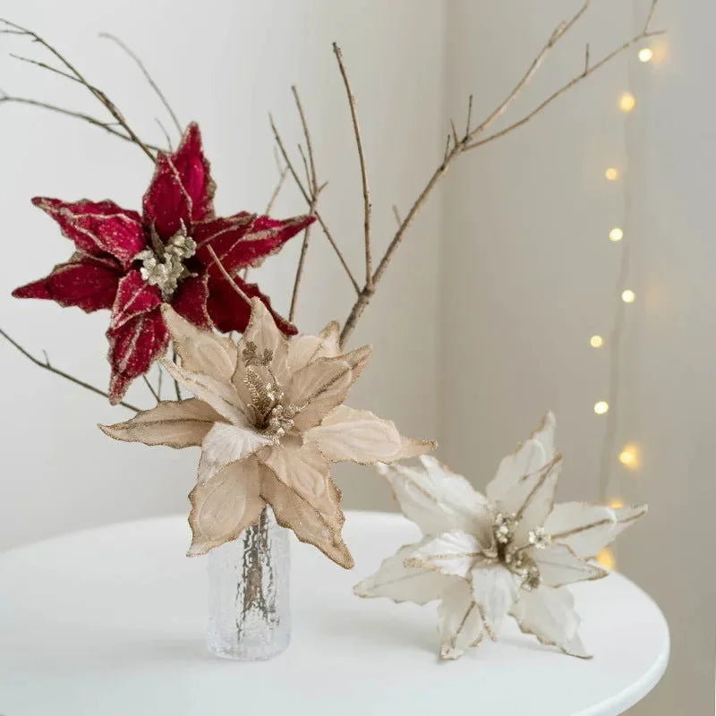 Flor Decorativa Natalina Flanela Dourada para Arranjos e árvore Lenogue Kit 3 Peças (Vermelho - Champagne - Rosa)