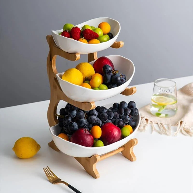 Fruteira de Bambu Natural Cestas Empilháveis para Organizar Frutas Lenogue Branco (3 Camadas)
