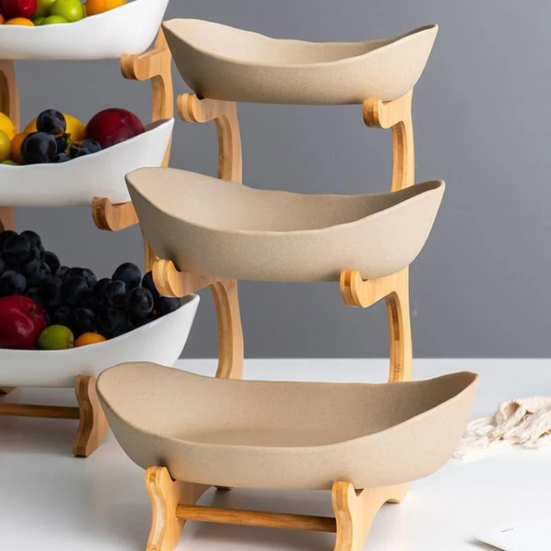 Fruteira de Bambu Natural Cestas Empilháveis para Organizar Frutas Lenogue Bege (3 Camadas)