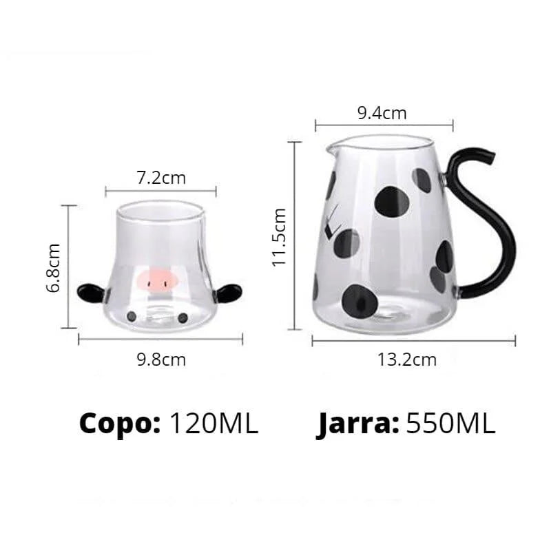 Jarra de Vidro Borossilicato com Copo Temático Vaquinha Lenogue