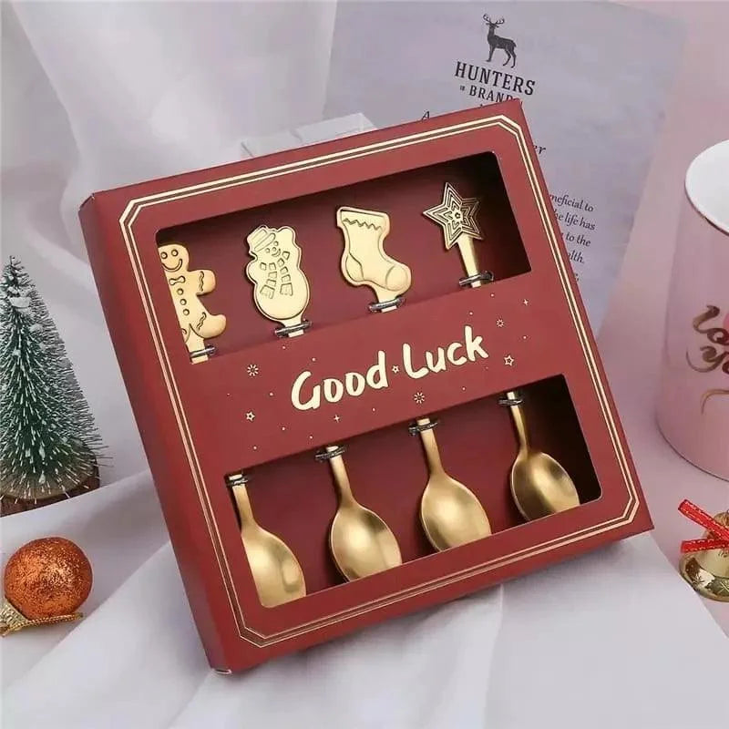 Jogo de Colheres Decorativas Natalinas em Aço Inoxidável Lenogue Dourado / Caixa Vermelha