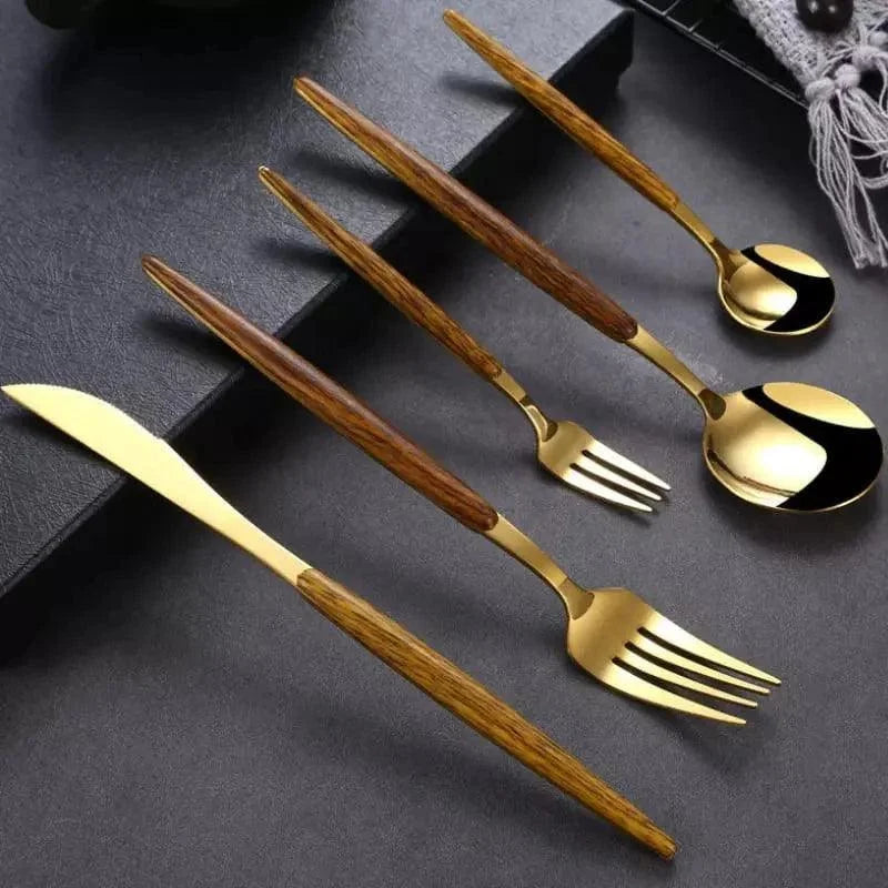 Jogo de Talheres Aço Inox 30 Peças com Cabo Amadeirado Lenogue