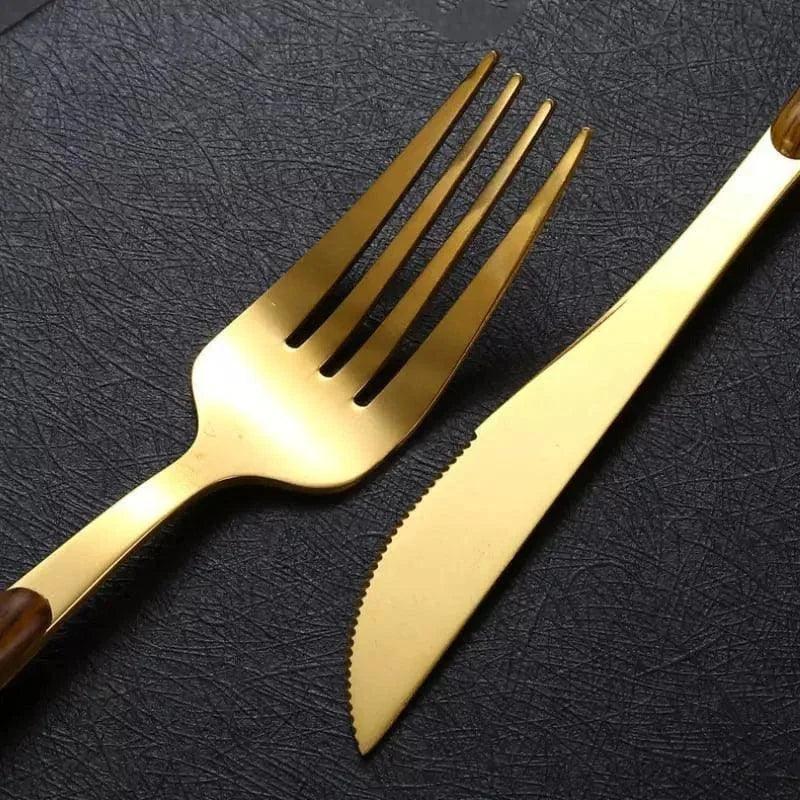 Jogo de Talheres Aço Inox 30 Peças com Cabo Amadeirado Lenogue