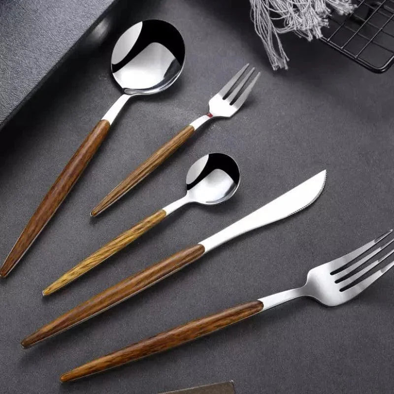 Jogo de Talheres Aço Inox 30 Peças com Cabo Amadeirado Lenogue