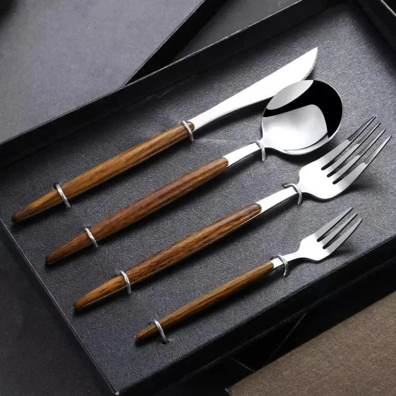 Jogo de Talheres Aço Inox 30 Peças com Cabo Amadeirado Lenogue