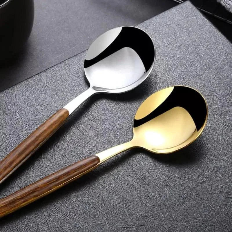 Jogo de Talheres Aço Inox 30 Peças com Cabo Amadeirado Lenogue