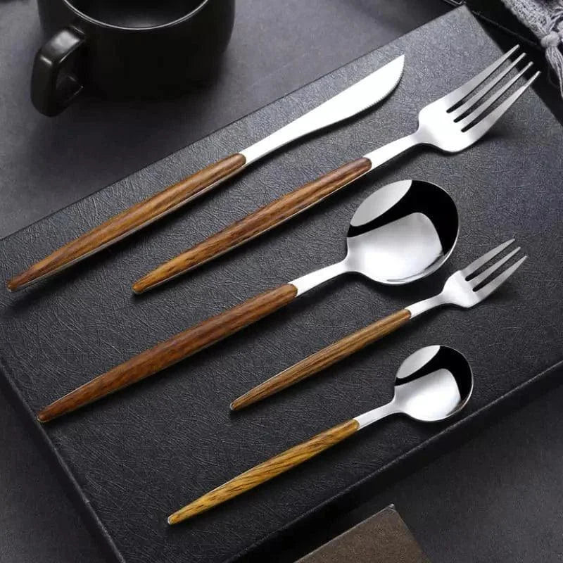 Jogo de Talheres Aço Inox 30 Peças com Cabo Amadeirado Lenogue Prata