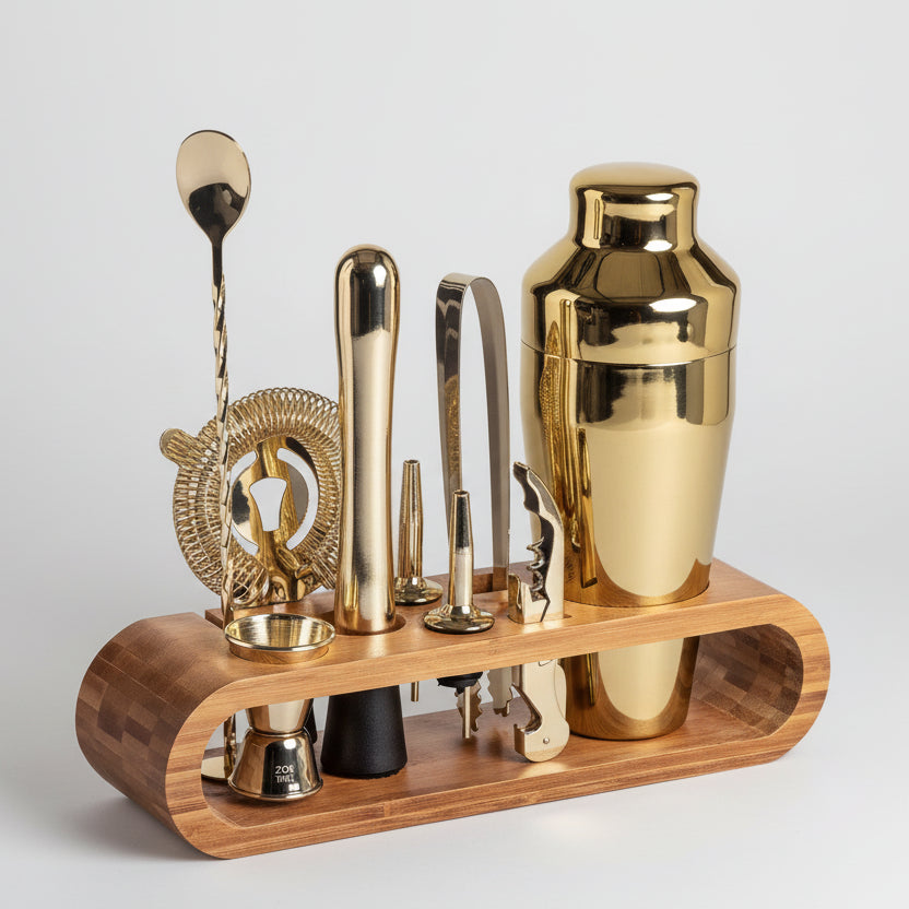 Kit Bartender 10 Peças de Aço Inox com Suporte Bambu Lenogue Dourado