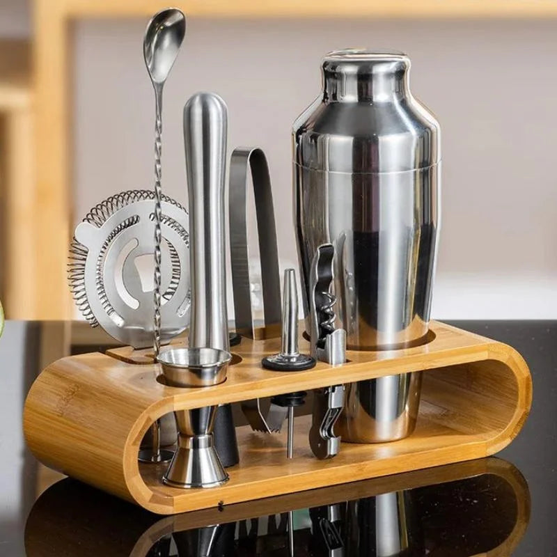 Kit Bartender 10 Peças de Aço Inox com Suporte Bambu Lenogue Prata