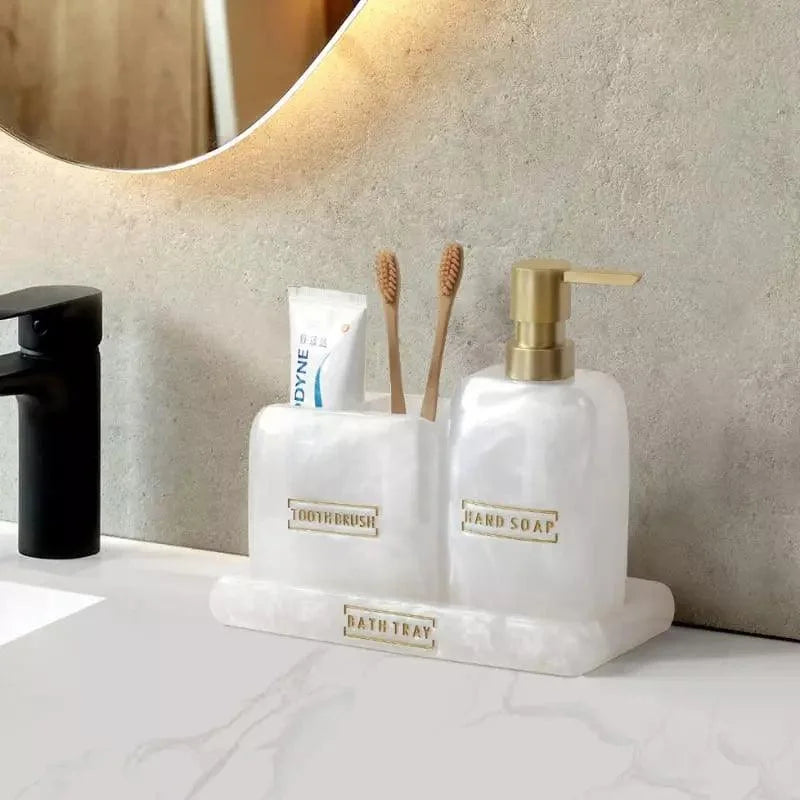 Kit para Banheiro Resina Dourado com Dispenser e Porta Escova 3 Peças Lenogue Branco Pérola