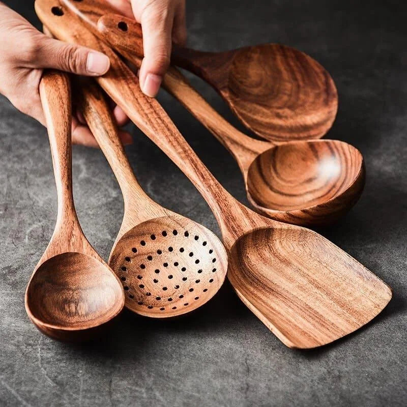 Kit Utensílios de Cozinha 7 Peças em Madeira Teca Lenogue (conj. Peças)