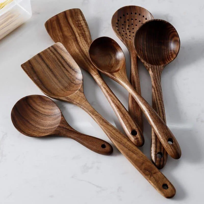 Kit Utensílios de Cozinha 7 Peças em Madeira Teca Lenogue (conj. Peças)