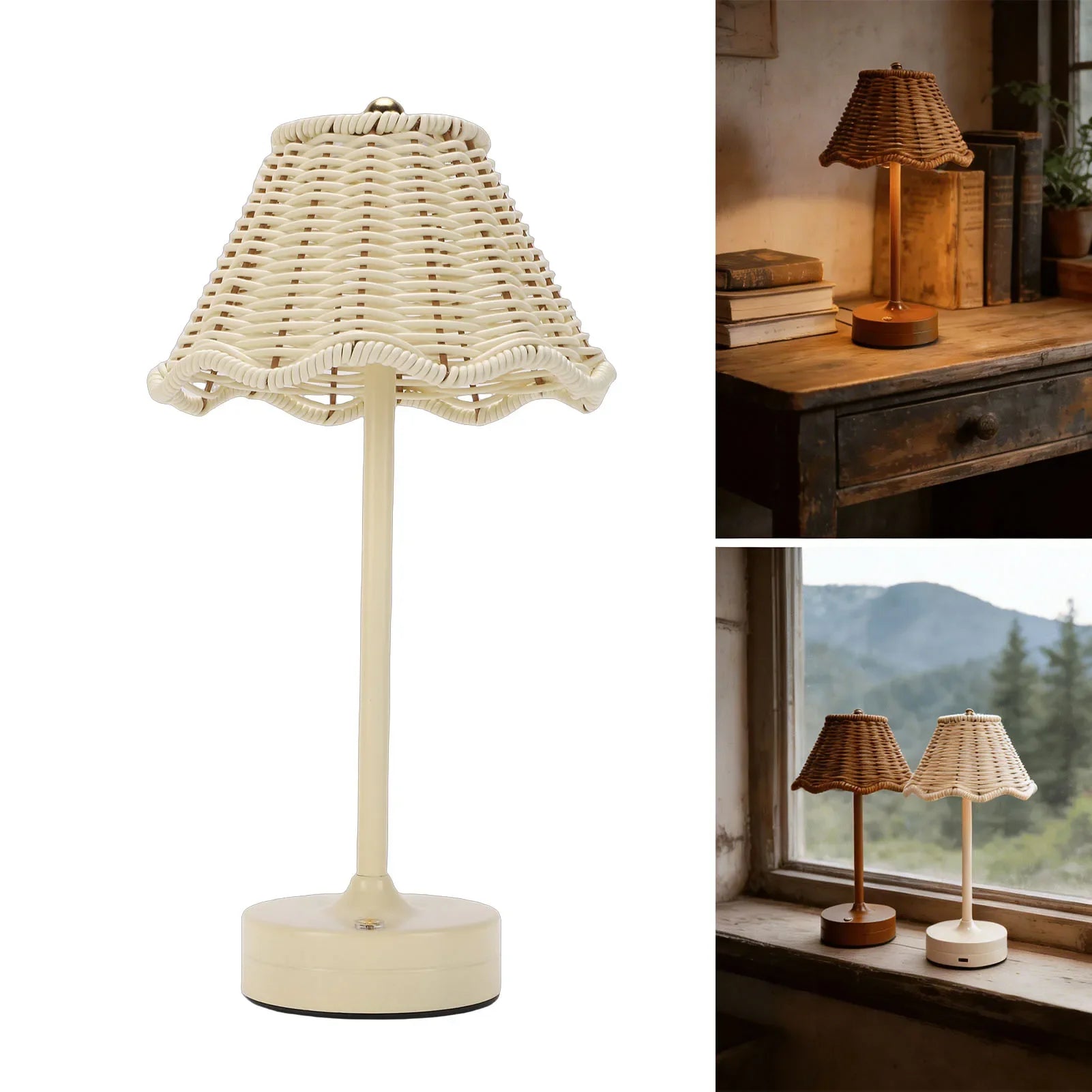 Luminária de Mesa Rattan Rotin sem Fio Brilho Ajustável Lenogue