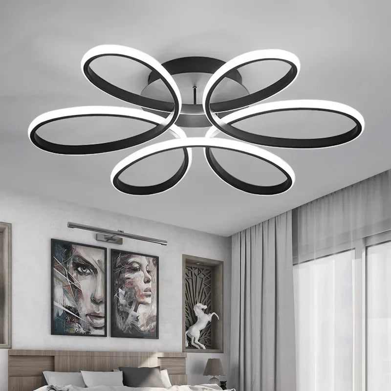 Lustre de Teto em Alumínio com Design Floral para Sala e Quarto Lenogue Preto (60 Cm) / Luz Branca