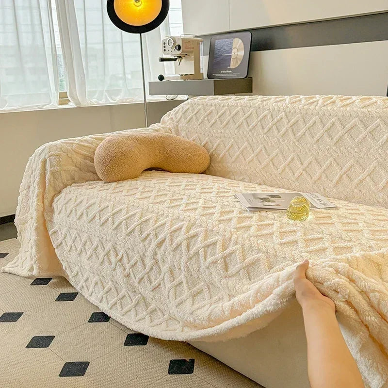 Manta Coral Bege Claro Fleece Grossa para Sofá e Sala de estar Lenogue / 180 x 130 Cm
