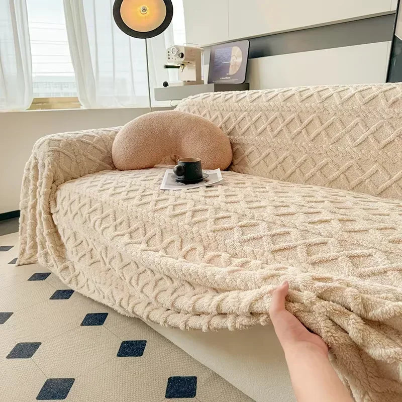 Manta Coral Bege Claro Fleece Grossa para Sofá e Sala de estar Lenogue